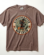 Brown crewneck short-sleeve T-shirt with circular “Boo Crew” kindergarten graphic front