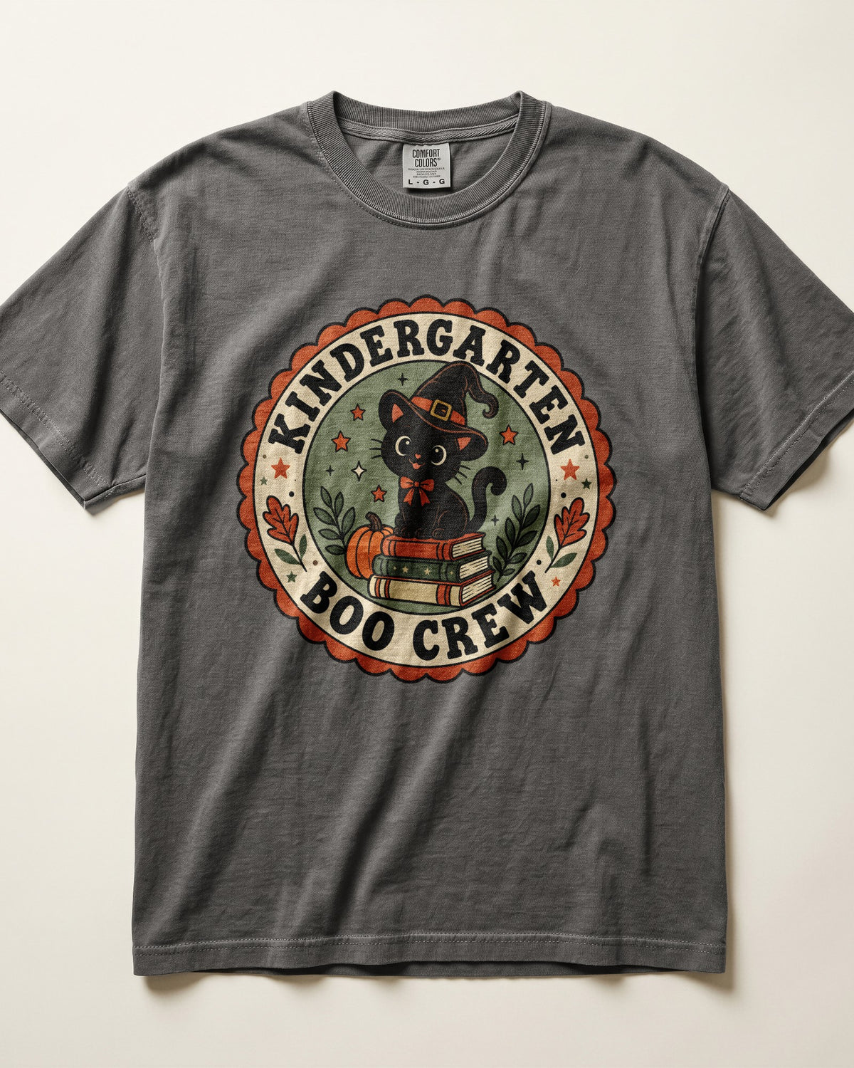 Dark gray crewneck short-sleeve T-shirt with circular “Boo Crew” kindergarten graphic front