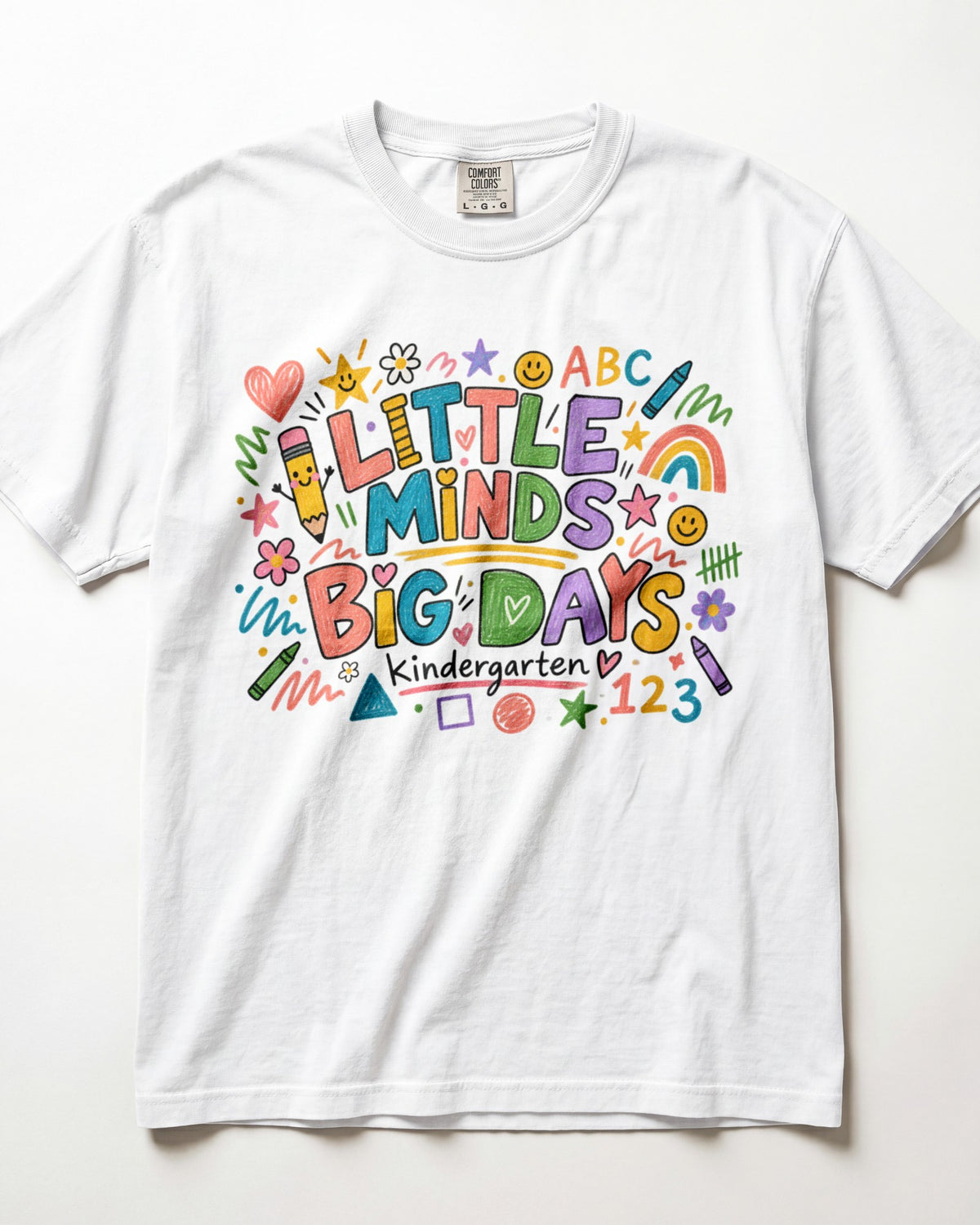 White short-sleeve kids teacher T-shirt with colorful ABC/123 classroom graphic