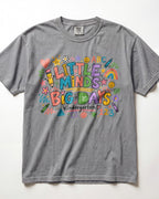 Grey short-sleeve kids teacher T-shirt with colorful ABC/123 classroom graphic