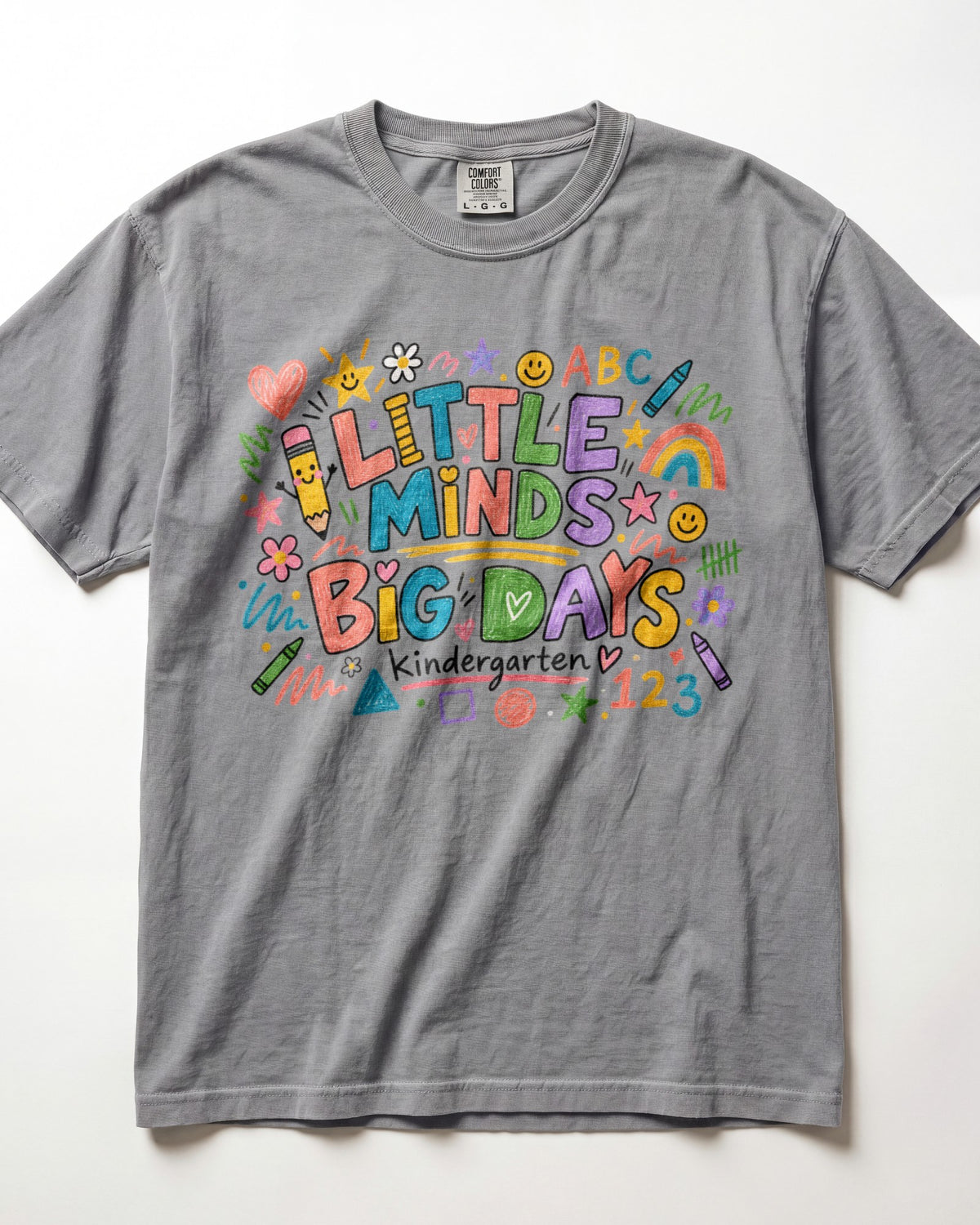 Grey short-sleeve kids teacher T-shirt with colorful ABC/123 classroom graphic