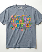 Blue-gray short-sleeve teacher T-shirt with colorful ABC/123 classroom graphic