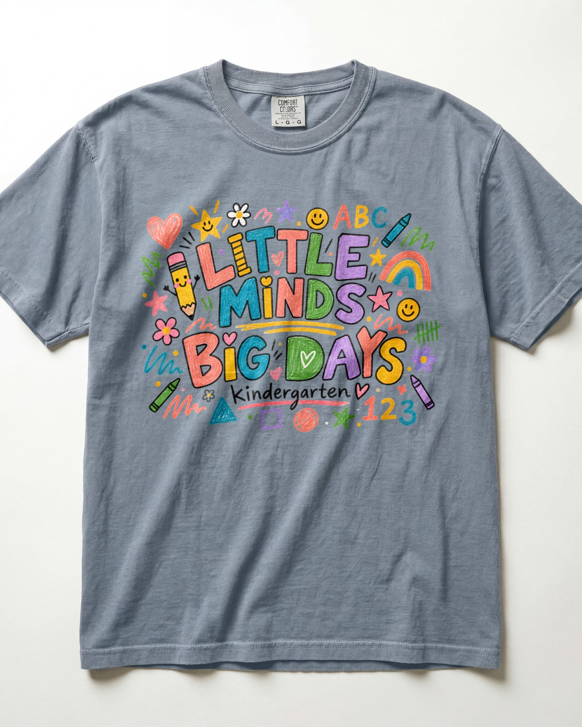 Blue-gray short-sleeve teacher T-shirt with colorful ABC/123 classroom graphic