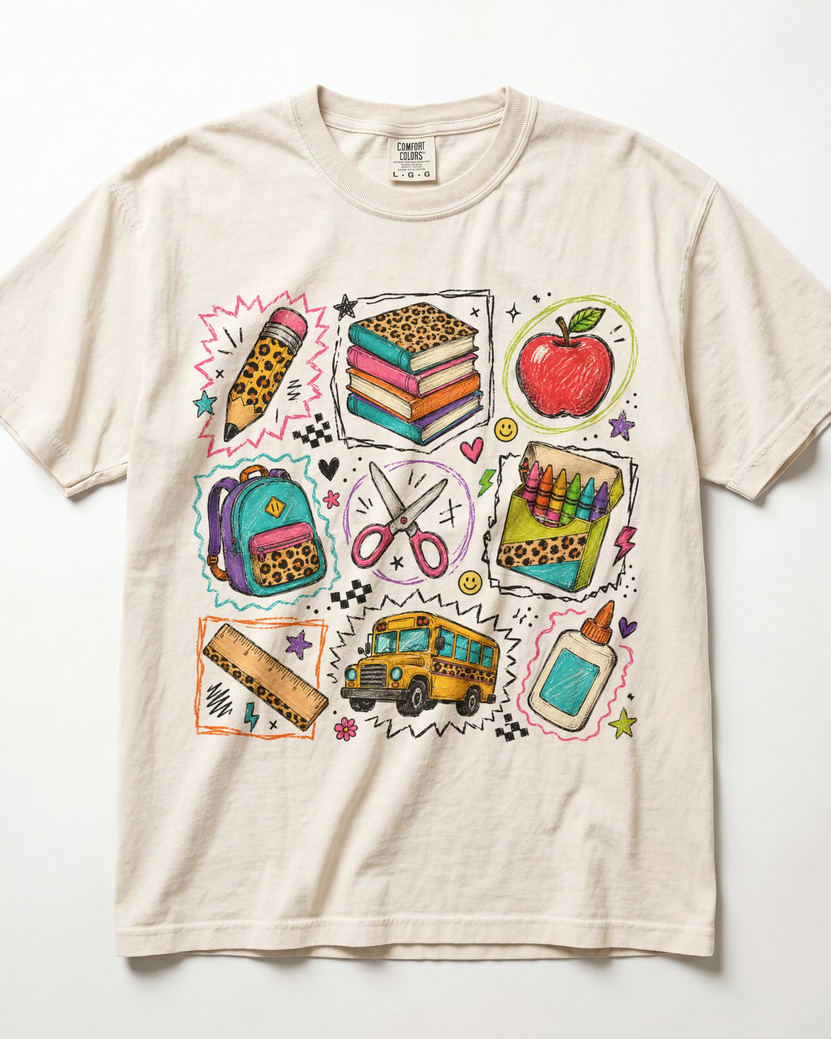 Leopard School Supplies Grid Kindergarten Teacher Shirt