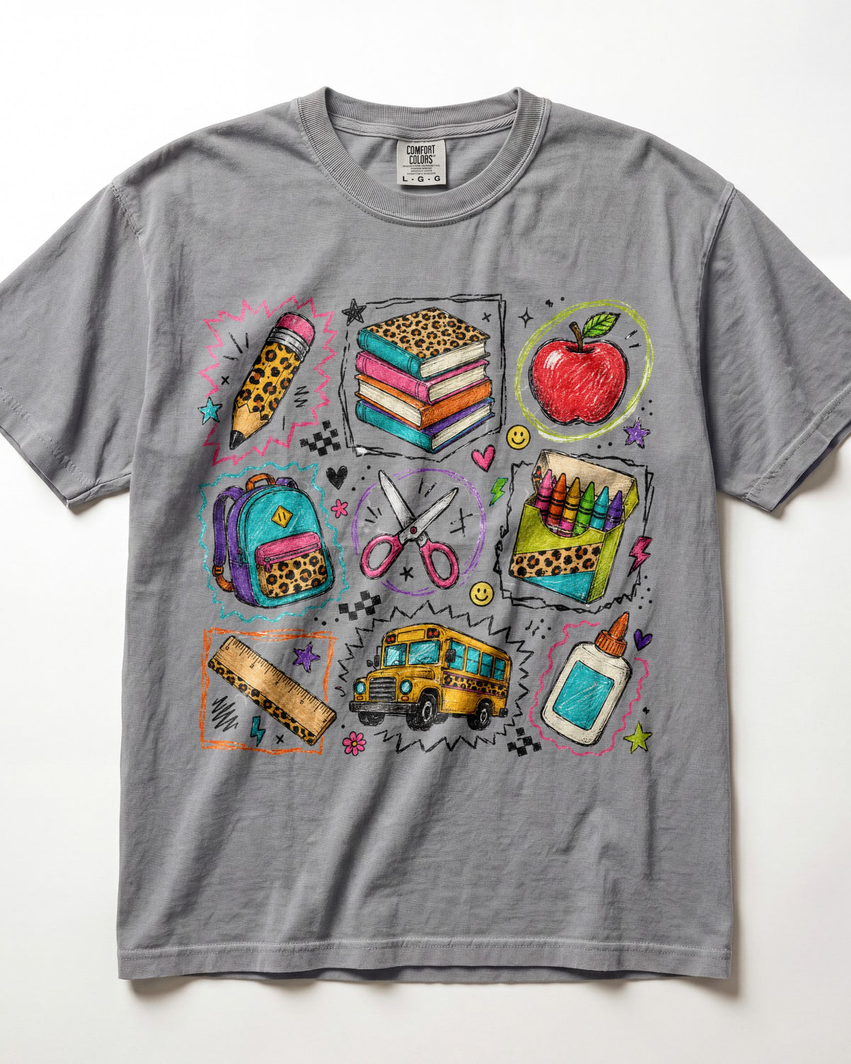 Leopard School Supplies Grid Kindergarten Teacher Shirt