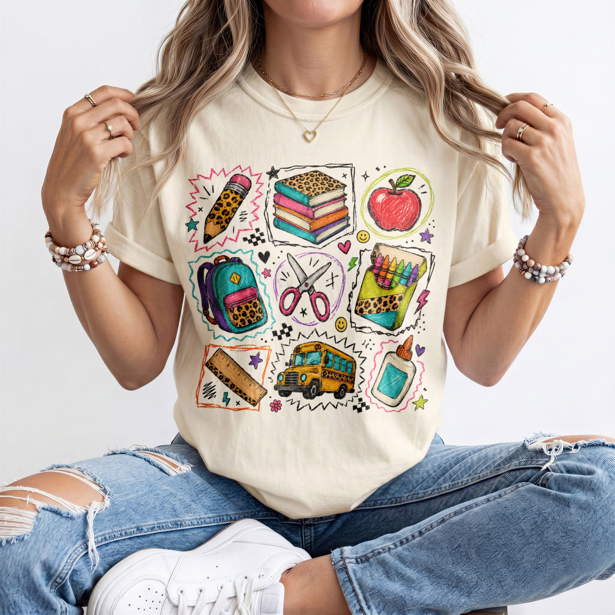 Leopard School Supplies Grid Kindergarten Teacher Shirt