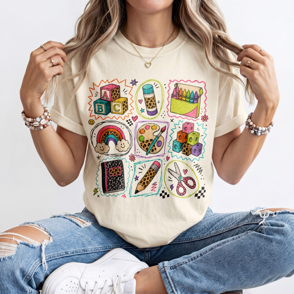 Bright School Supplies Grid Kindergarten Teacher Shirt
