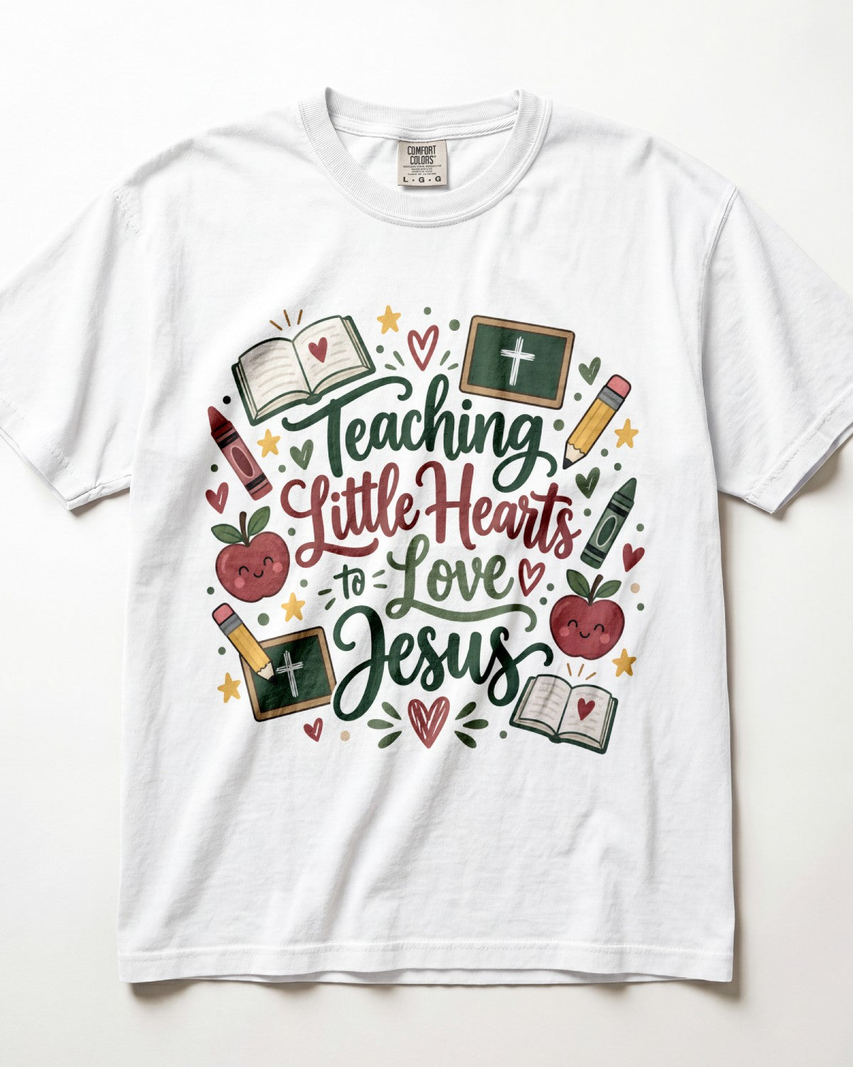 Script Lettering Teaching Little Hearts To Love Jesus Kindergarten Teacher Shirt