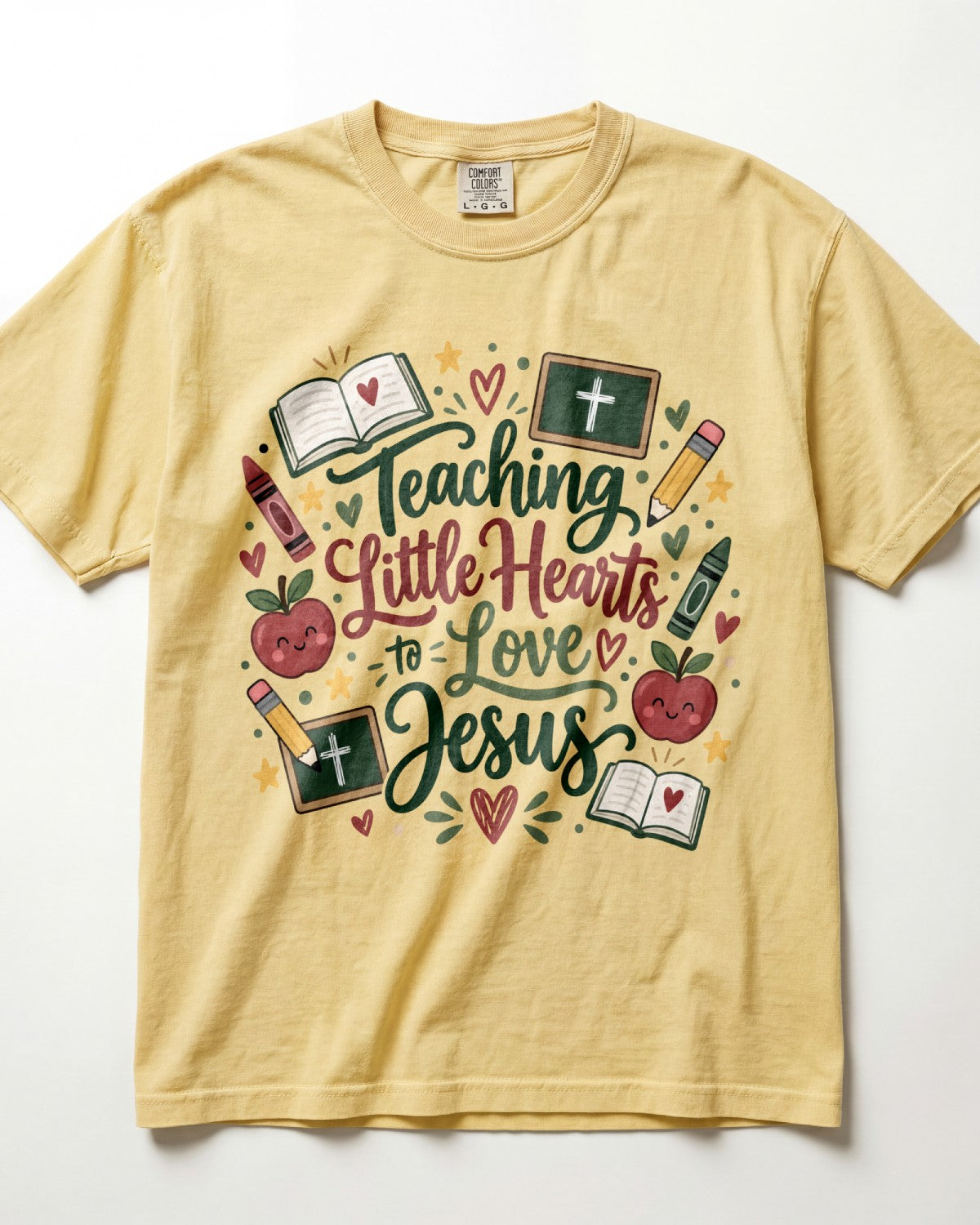 Script Lettering Teaching Little Hearts To Love Jesus Kindergarten Teacher Shirt