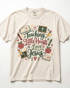 Script Lettering Teaching Little Hearts To Love Jesus Kindergarten Teacher Shirt