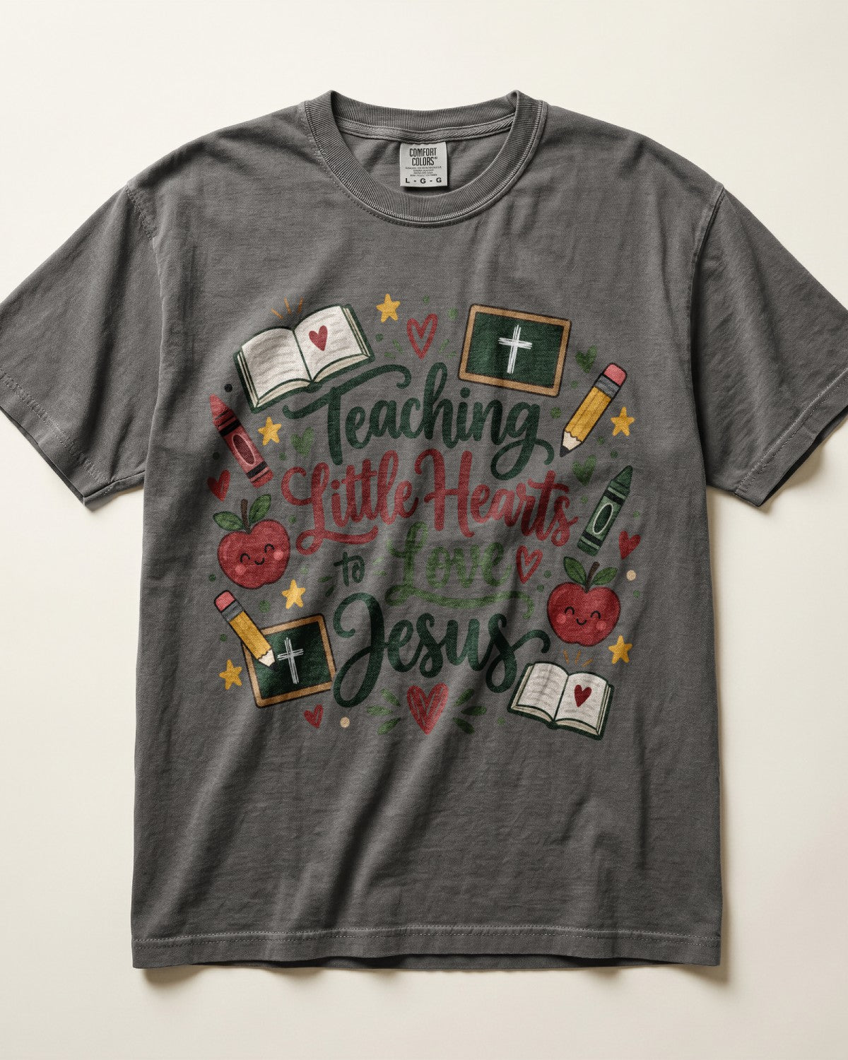 Script Lettering Teaching Little Hearts To Love Jesus Kindergarten Teacher Shirt