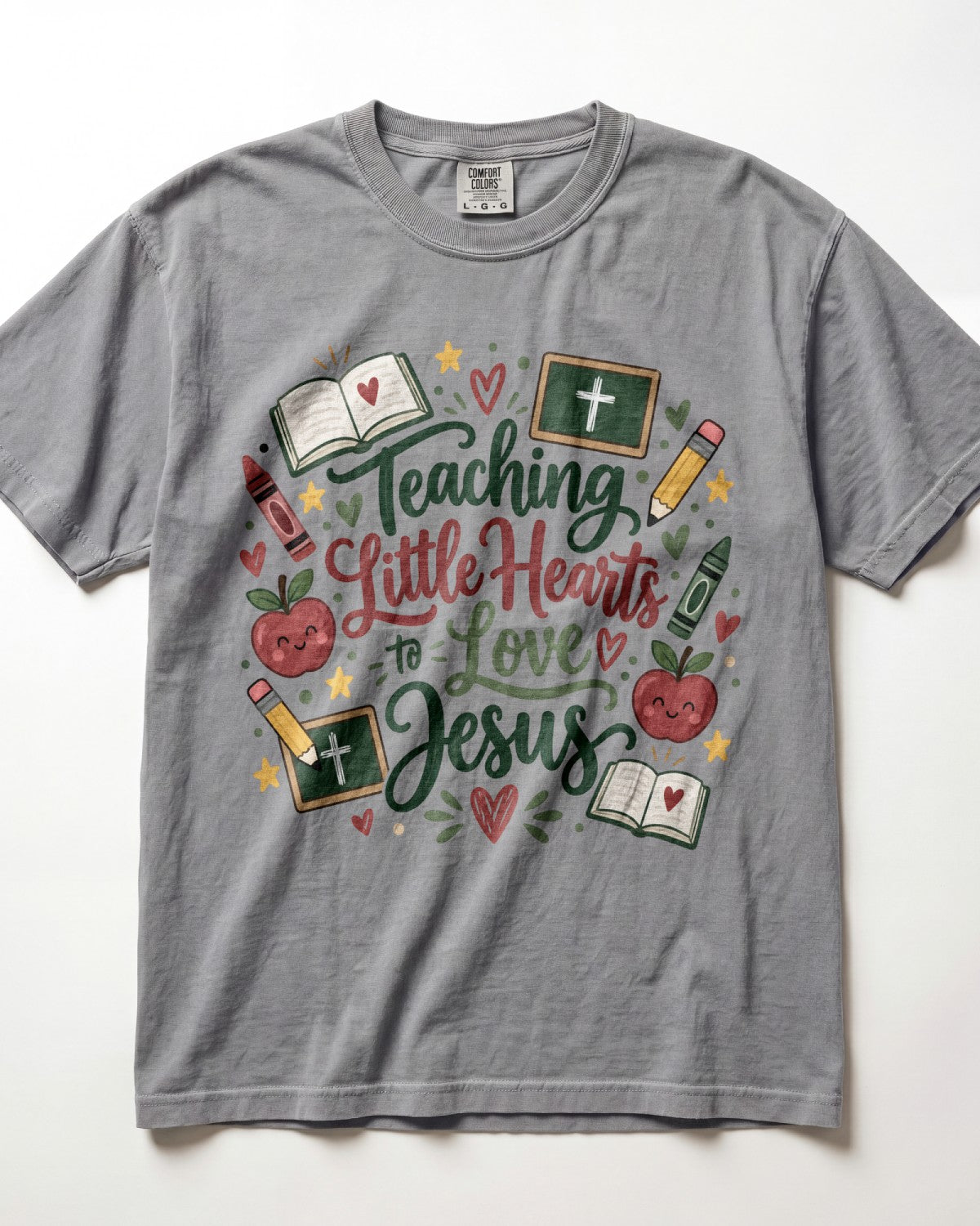 Script Lettering Teaching Little Hearts To Love Jesus Kindergarten Teacher Shirt