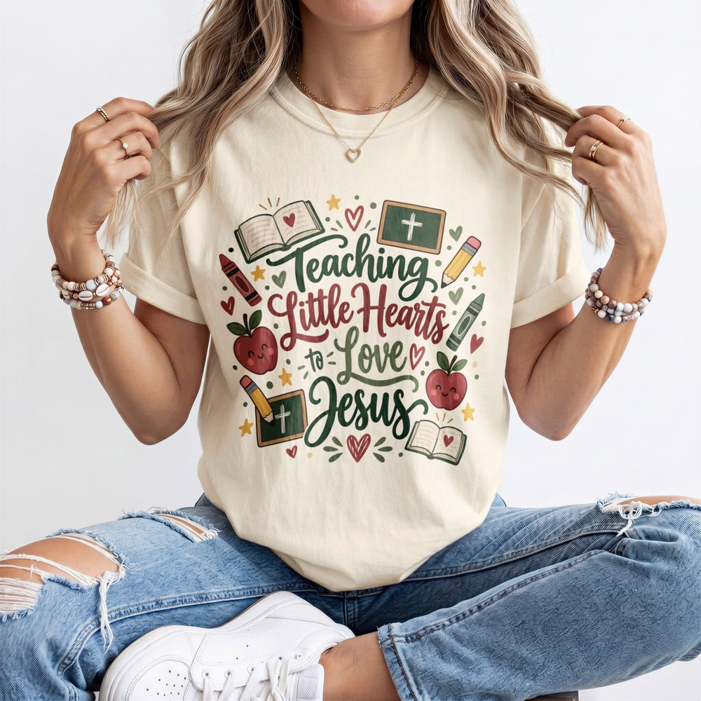 Script Lettering Teaching Little Hearts To Love Jesus Kindergarten Teacher Shirt