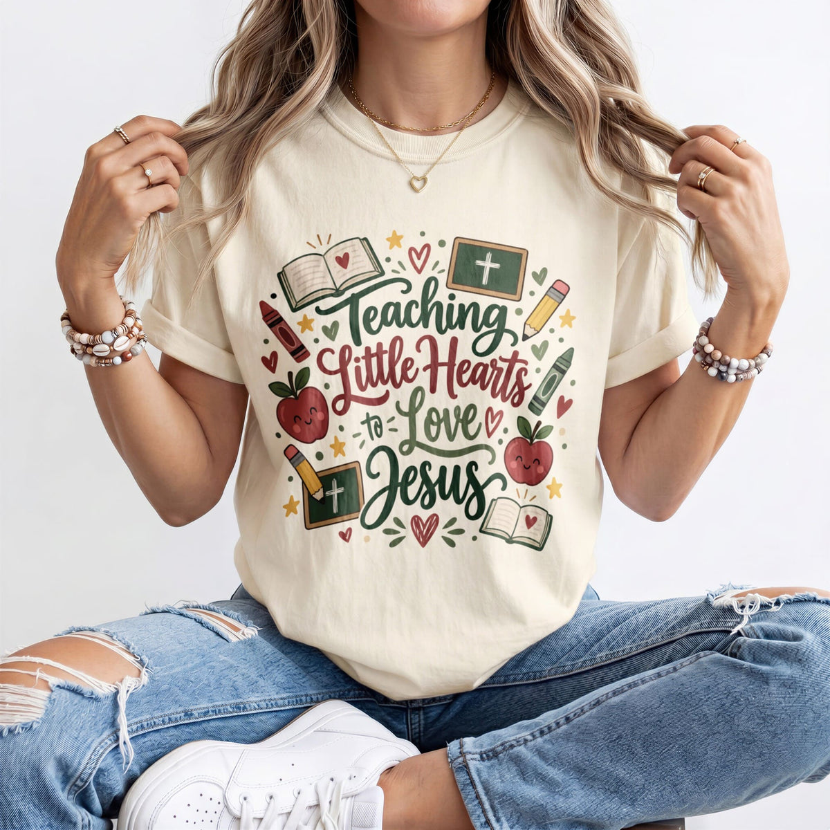 Script Lettering Teaching Little Hearts To Love Jesus Kindergarten Teacher Shirt