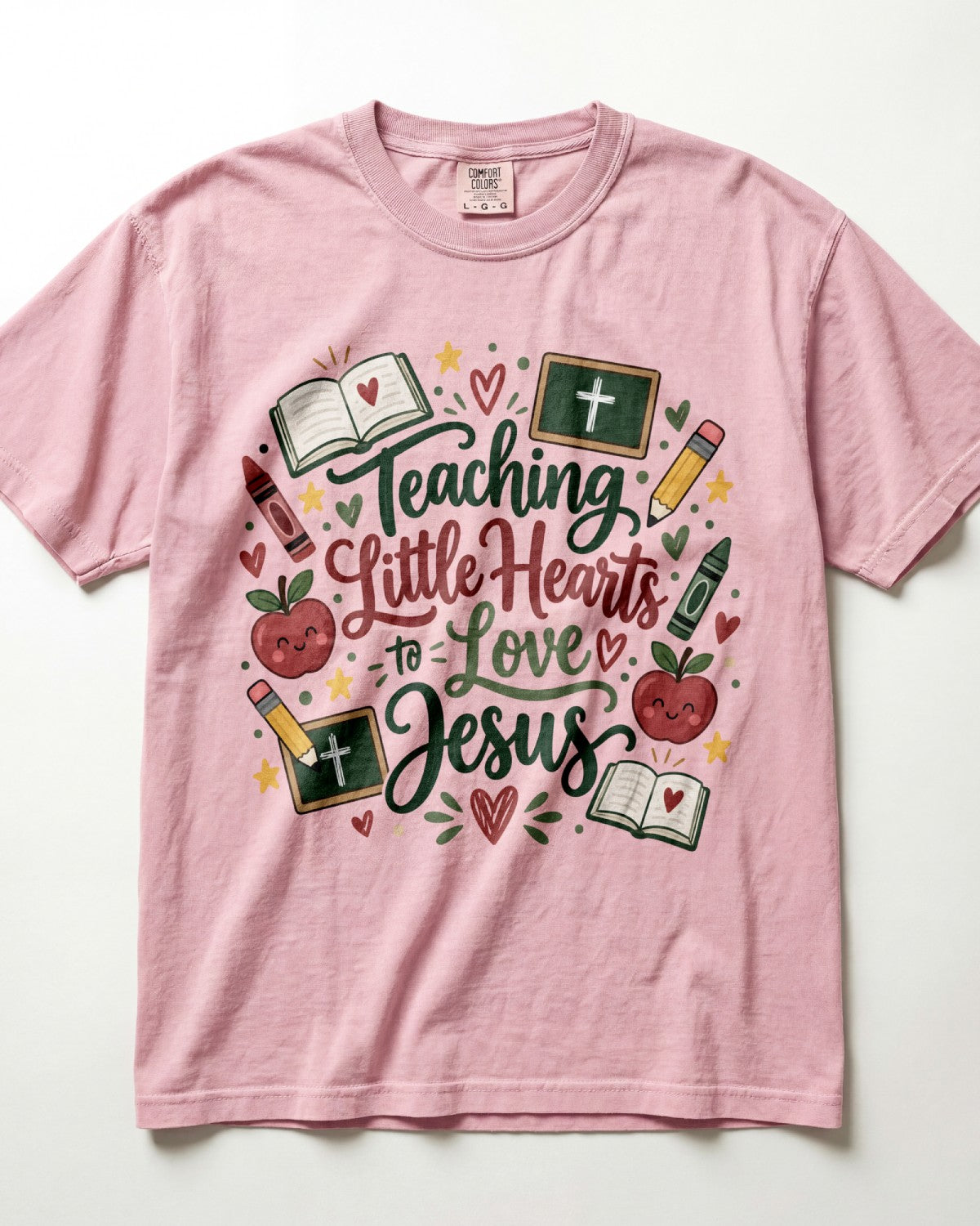 Script Lettering Teaching Little Hearts To Love Jesus Kindergarten Teacher Shirt
