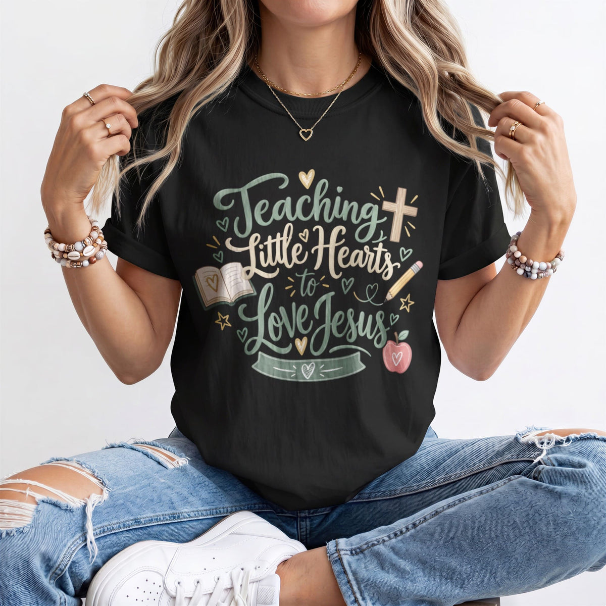 Teaching Little Hearts To Love Jesus Sage Kindergarten Teacher Shirt