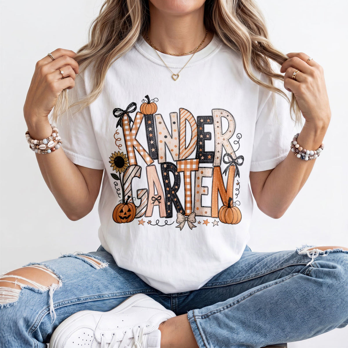 Peach Pumpkin Kindergarten Teacher Shirt