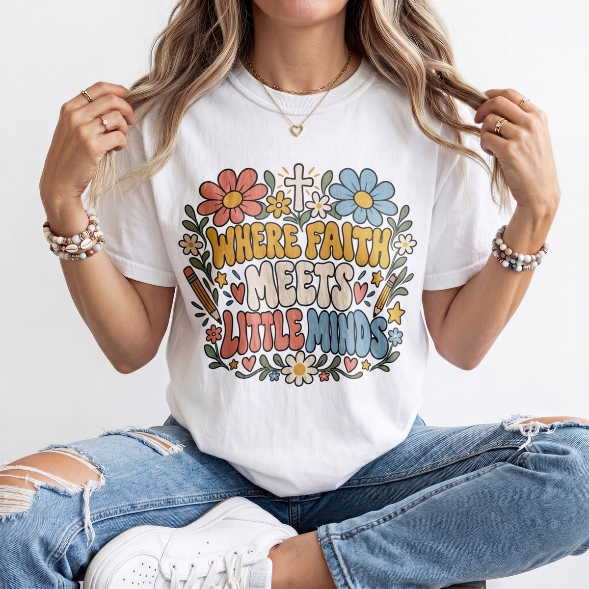 Where Faith Meets Little Minds Kindergarten Teacher Shirt