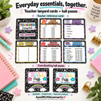 Teacher-themed printable card set displayed on a styled desk background. The set includes teacher lanyard cards, reference cards, and two sample hall passes with black-and-white sparkly borders and pastel accent headers.
