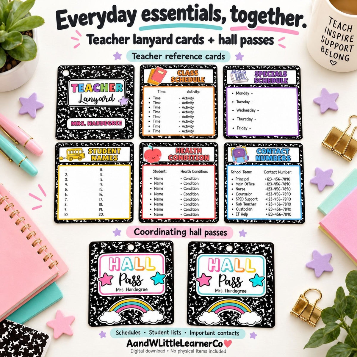 Teacher-themed printable card set displayed on a styled desk background. The set includes teacher lanyard cards, reference cards, and two sample hall passes with black-and-white sparkly borders and pastel accent headers.