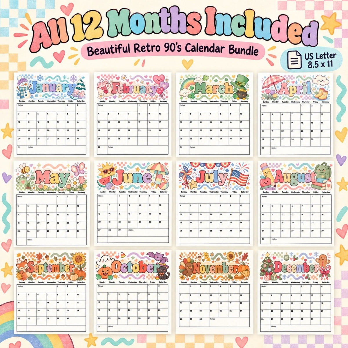 2027 Retro ’90s Printable Calendar Bundle | 12 Seasonal Monthly Calendars