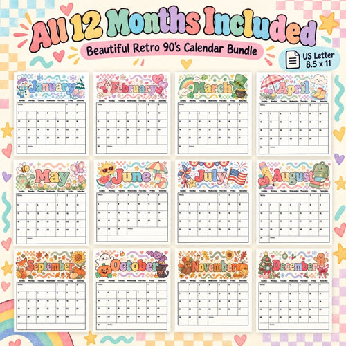 2027 Retro ’90s Printable Calendar Bundle | 12 Seasonal Monthly Calendars