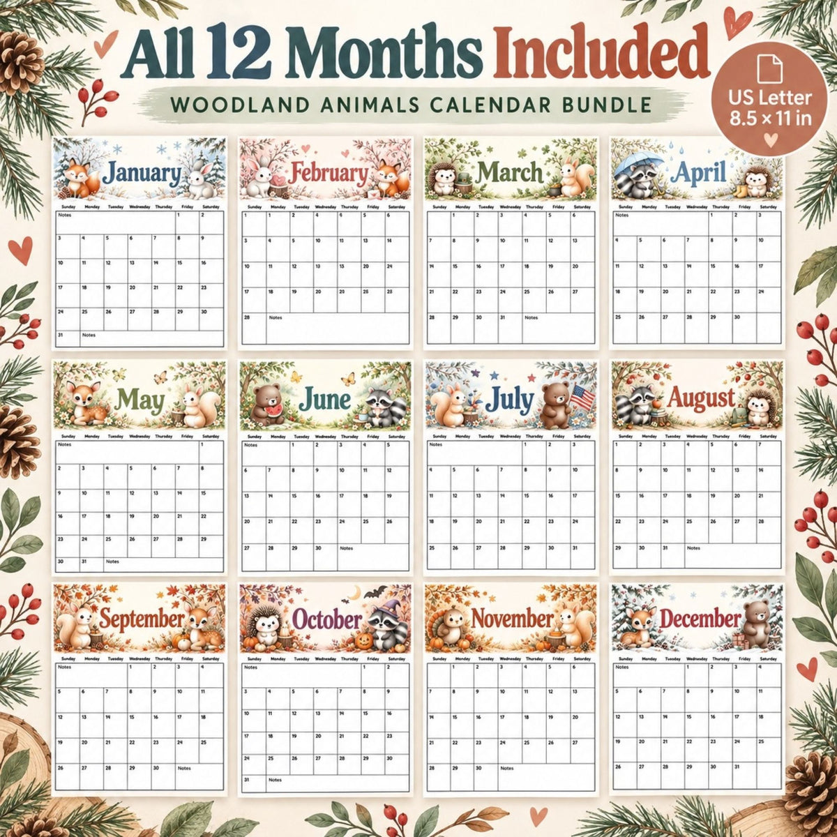 2027 Woodland Animals Printable Calendar Bundle | 12 Monthly Calendars