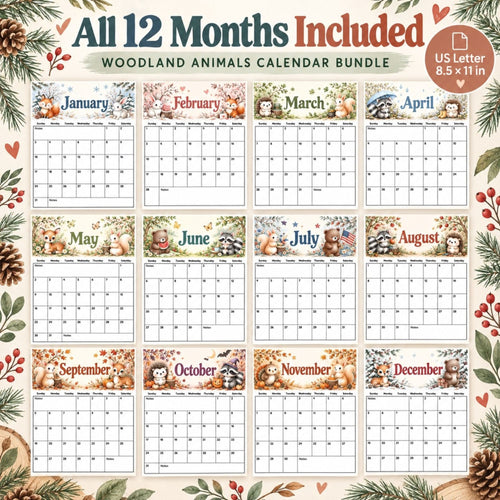 2027 Woodland Animals Printable Calendar Bundle | 12 Monthly Calendars