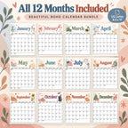 2027 Boho Printable Calendar Bundle | 12 Seasonal Monthly Calendars