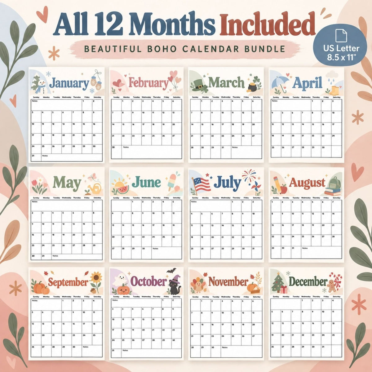 2027 Boho Printable Calendar Bundle | 12 Seasonal Monthly Calendars