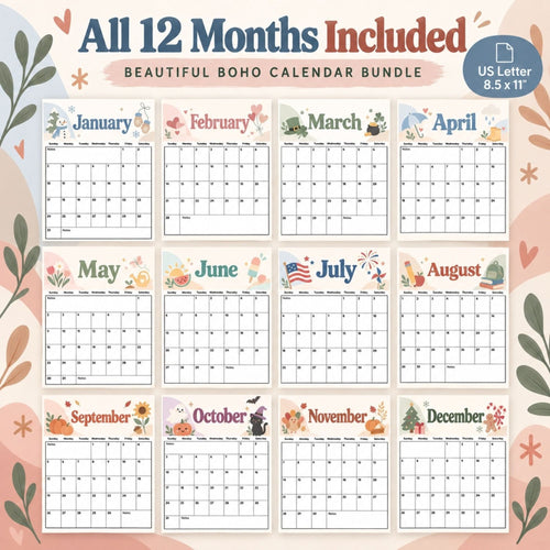 2027 Boho Printable Calendar Bundle | 12 Seasonal Monthly Calendars