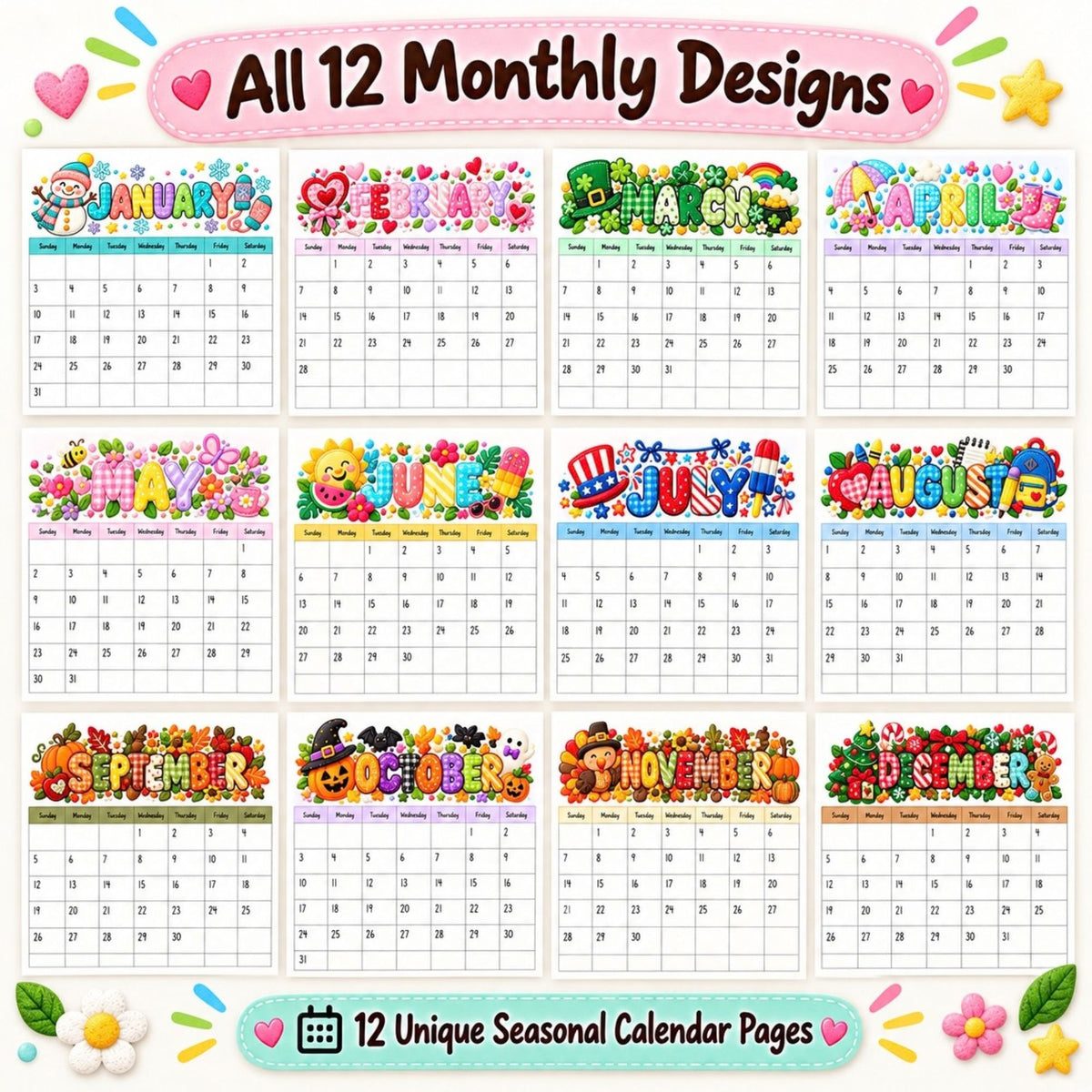 2027 Seasonal Classroom Calendar Bundle