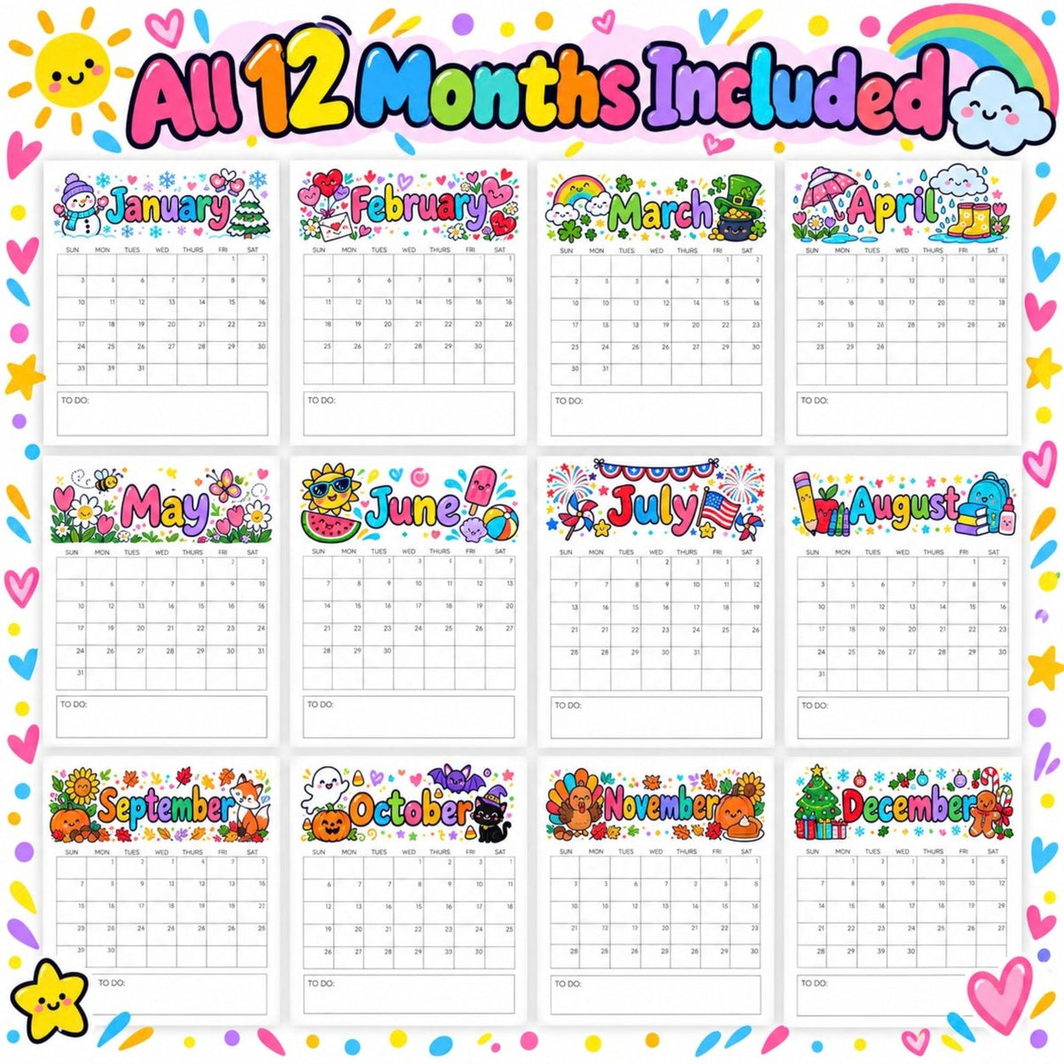2027 Colorful Printable Calendar Bundle | 12 Seasonal Monthly Calendars