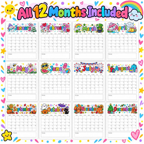 2027 Colorful Printable Calendar Bundle | 12 Seasonal Monthly Calendars