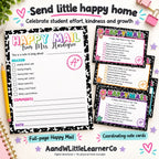 A digital printable note card set titled 'Send little happy home' shown on a white background with decorative pink stars, flowers, and a spiral notebook. The main product is a large 'HAPPY MAIL From Mrs.
