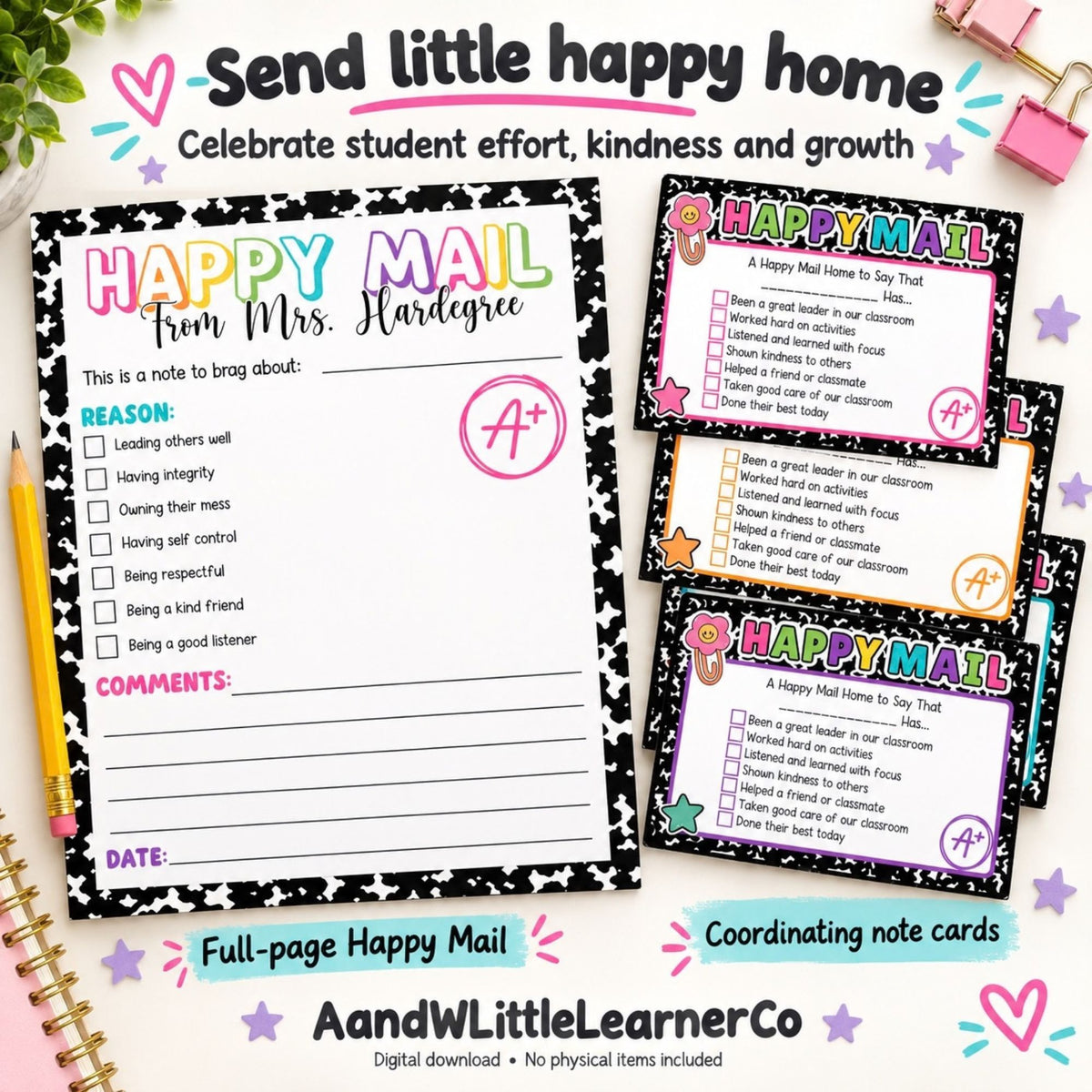 A digital printable note card set titled 'Send little happy home' shown on a white background with decorative pink stars, flowers, and a spiral notebook. The main product is a large 'HAPPY MAIL From Mrs.