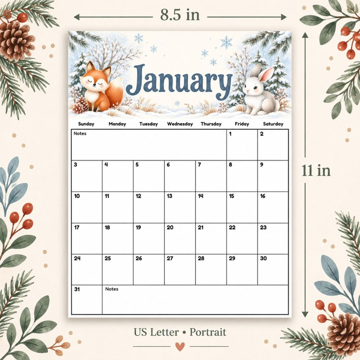 2027 Woodland Animals Printable Calendar Bundle | 12 Monthly Calendars