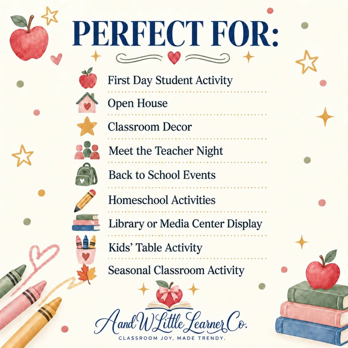 Giant coloring banner 'Perfect For' list for classroom activities with apples and stars