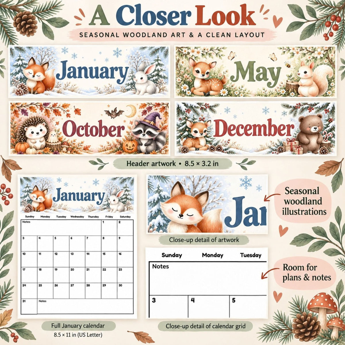 2027 Woodland Animals Printable Calendar Bundle | 12 Monthly Calendars