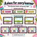A digital preview graphic showing coordinated educational labels and group signs: student name tags, student bin labels, and class group signs. The design features colorful pastel backgrounds with black glitter-style borders, pink and blue accents, and placeholder text such as NAME and GROUP 01-04.