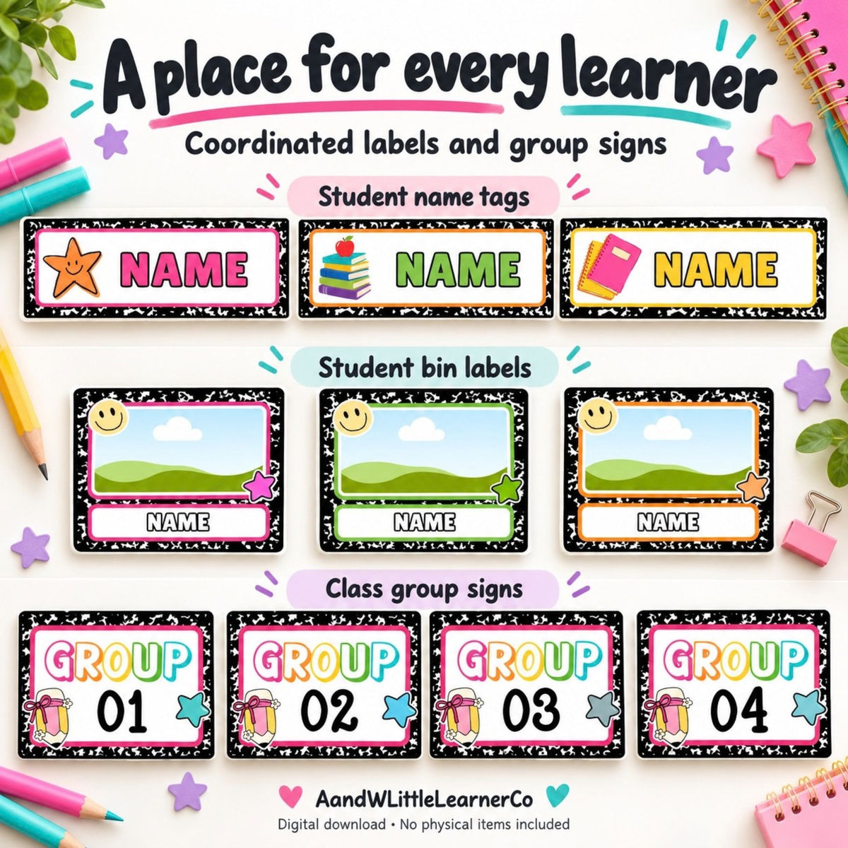 A digital preview graphic showing coordinated educational labels and group signs: student name tags, student bin labels, and class group signs. The design features colorful pastel backgrounds with black glitter-style borders, pink and blue accents, and placeholder text such as NAME and GROUP 01-04.