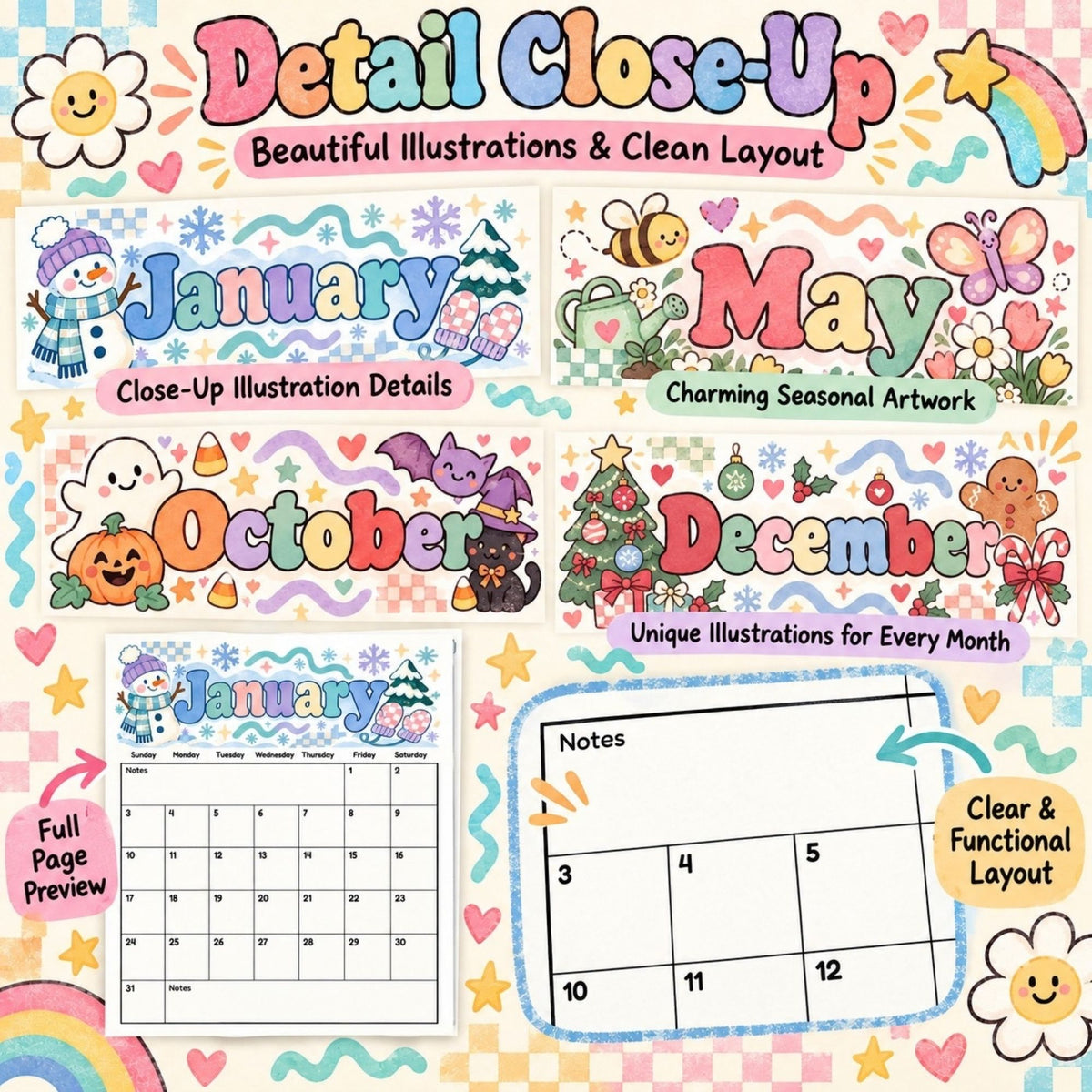 2027 Retro ’90s Printable Calendar Bundle | 12 Seasonal Monthly Calendars