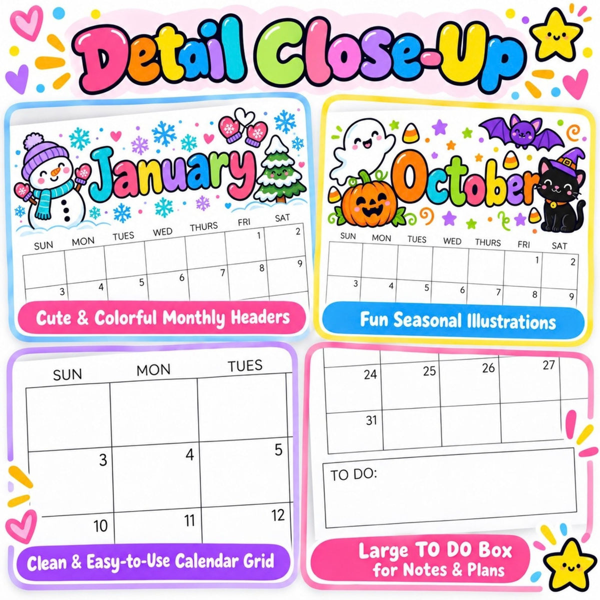 2027 Colorful Printable Calendar Bundle | 12 Seasonal Monthly Calendars