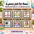Six labeled storage bins arranged in a wooden cubby shelf, each with a printed photo frame template and the word NAME. The image is a styled classroom scene with books, plants, a globe, and text reading 'A place just for them' and 'Student photo labels for a coordinated classroom.