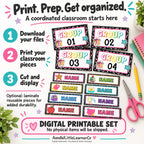Teacher classroom organization bundle with group 01–04 cards and name label templates