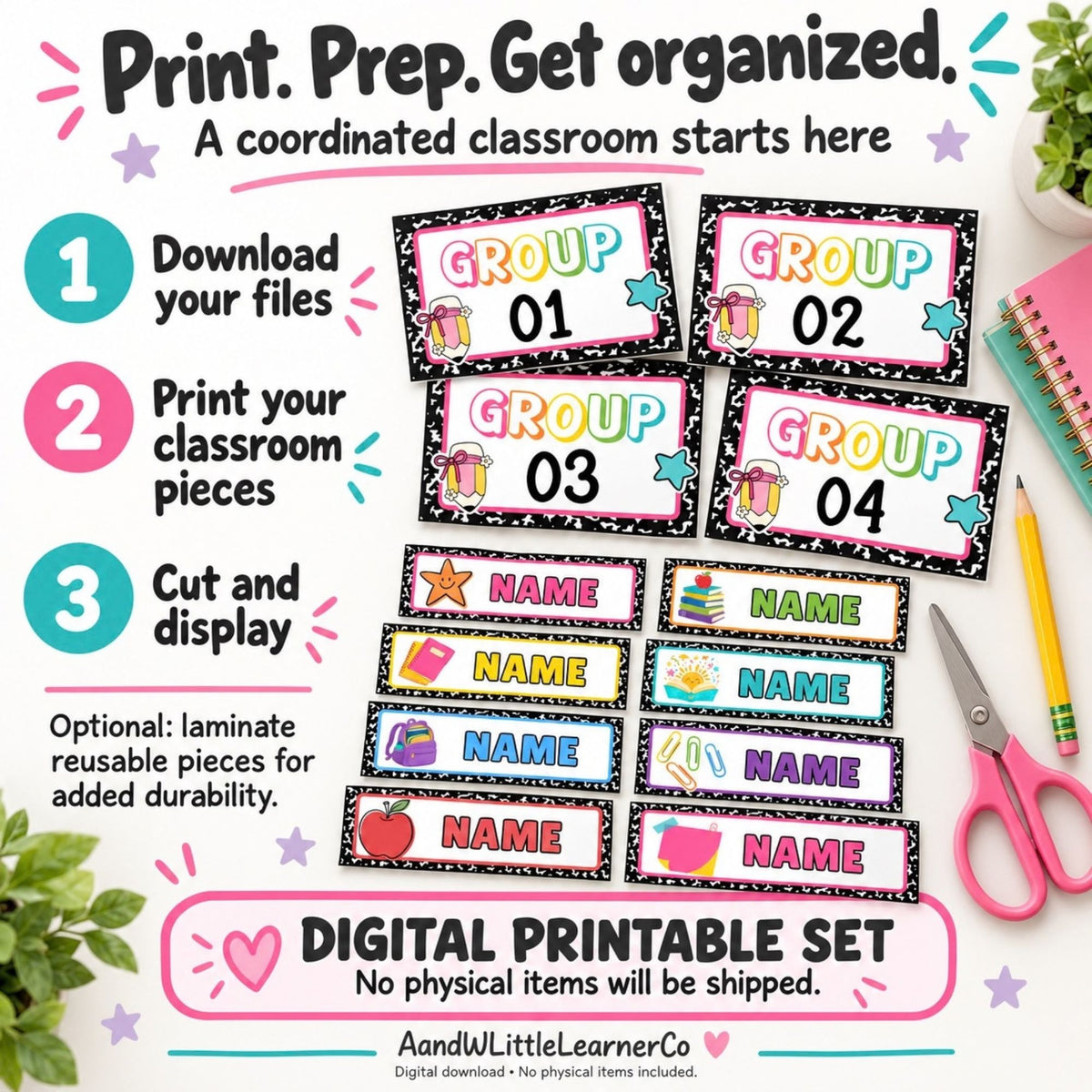 Teacher classroom organization bundle with group 01–04 cards and name label templates
