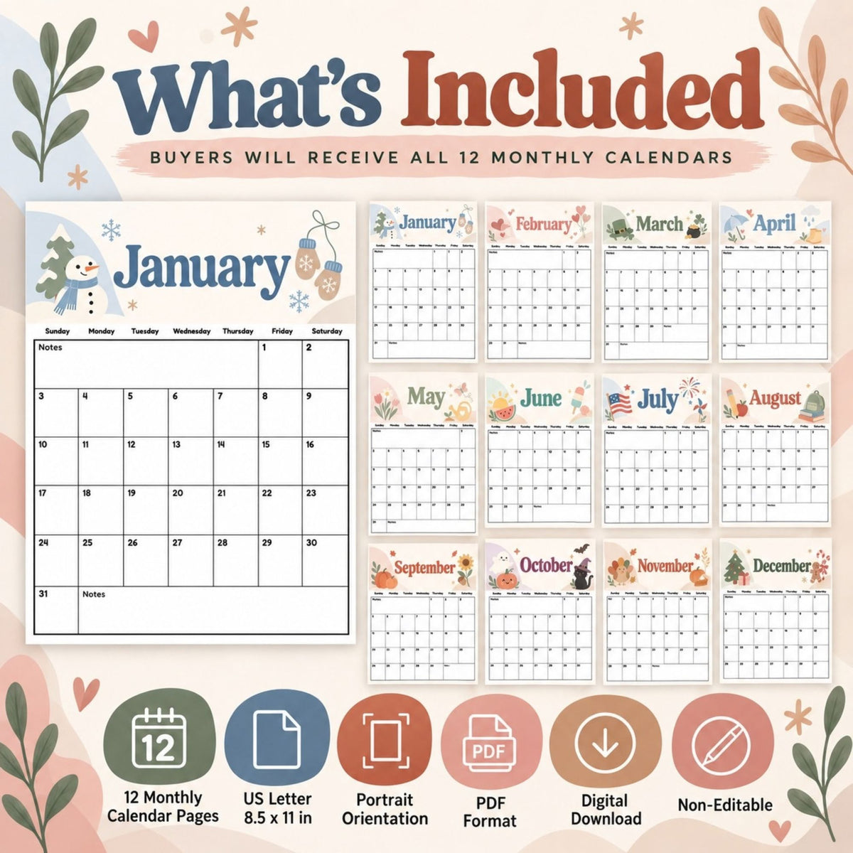 2027 Boho Printable Calendar Bundle | 12 Seasonal Monthly Calendars