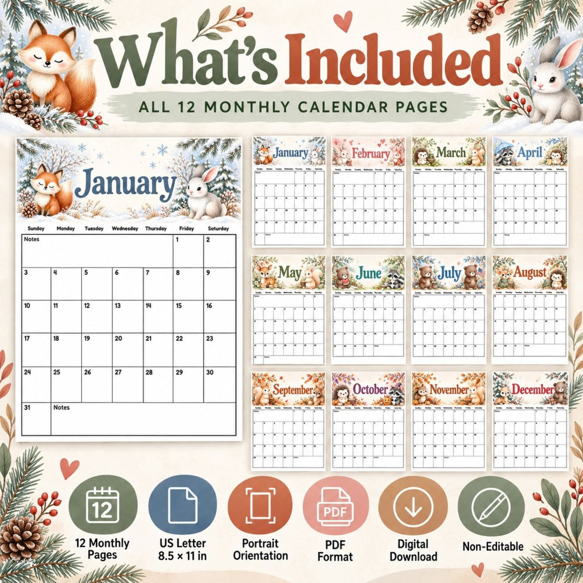 2027 Woodland Animals Printable Calendar Bundle | 12 Monthly Calendars