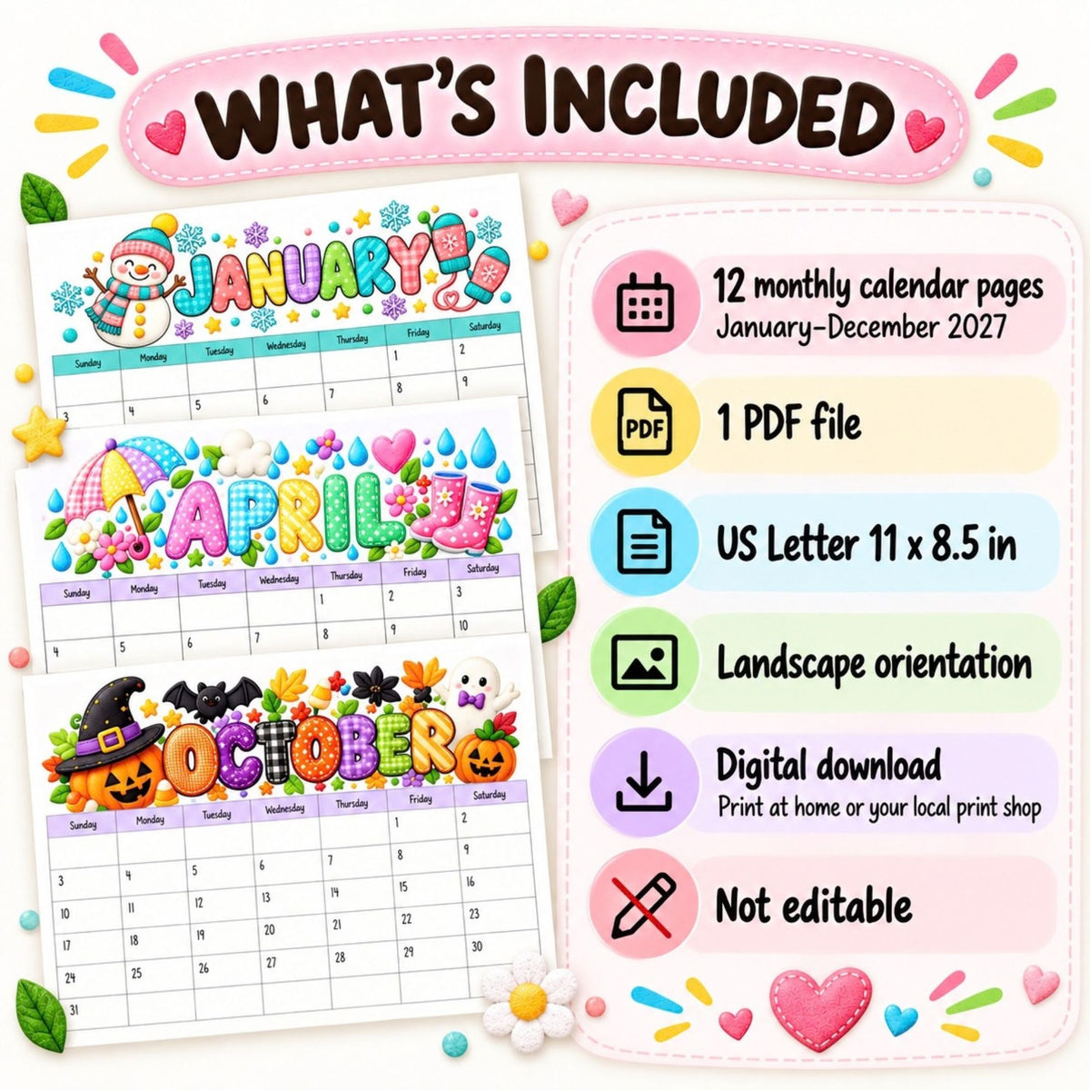 2027 Seasonal Classroom Calendar Bundle
