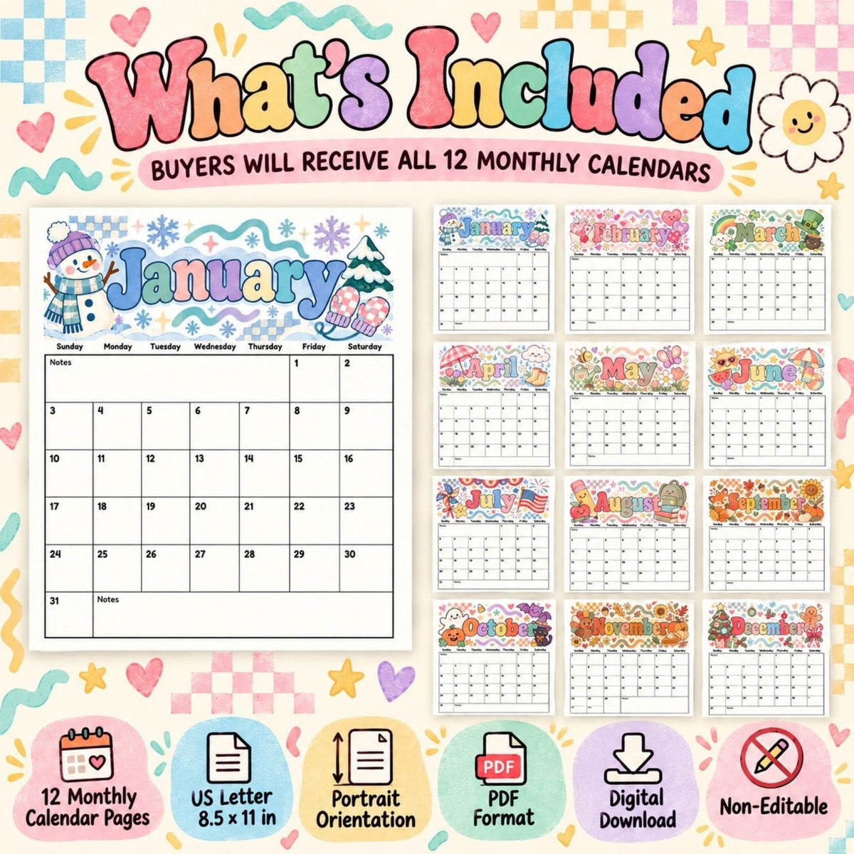 2027 Retro ’90s Printable Calendar Bundle | 12 Seasonal Monthly Calendars